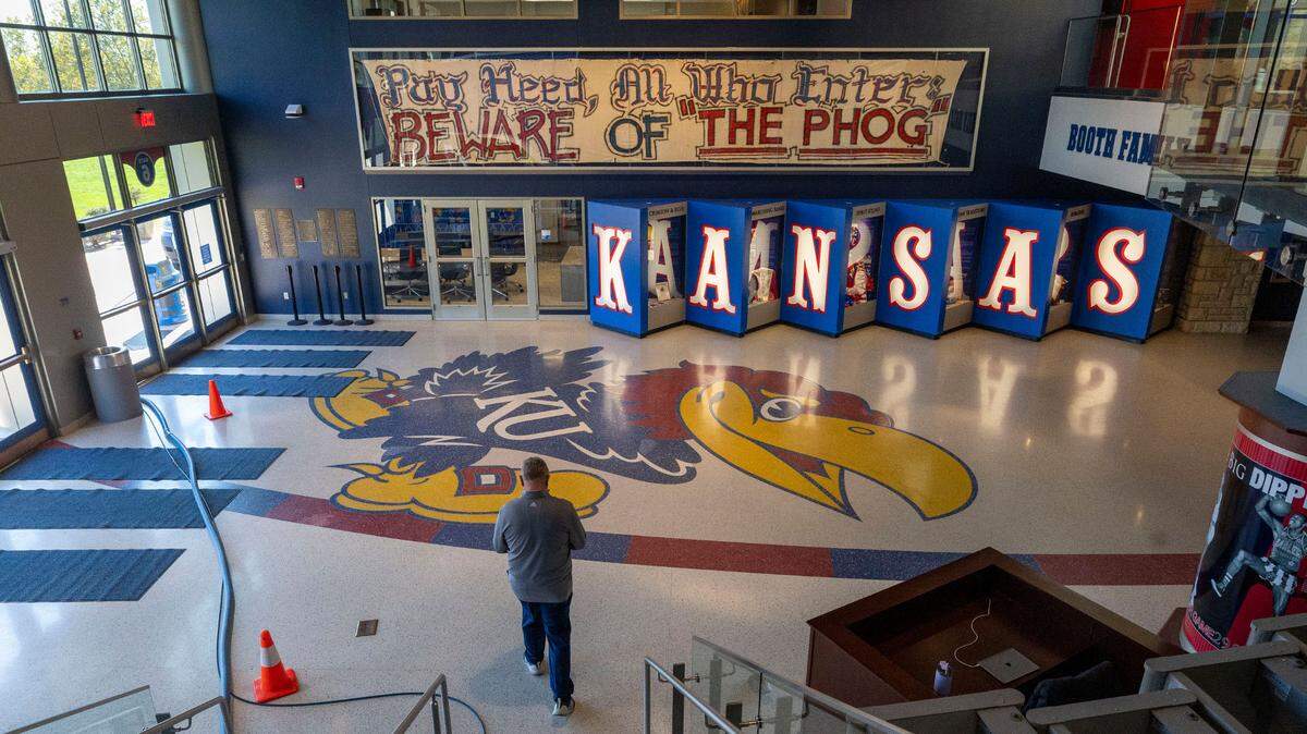 The lobby of the historic Allen Fieldhouse which opened in 1955, on Thursday, November 7, 2024 in Lawrence, Kansas. The North Carolina Tar Heels will play at Kansas for their first time in more than 60 years.