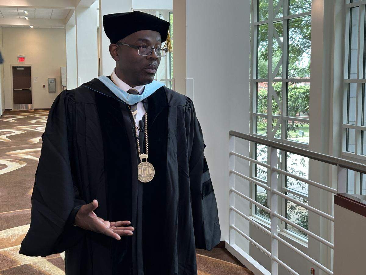 Wake County Superintendent Robert Taylor talks to reporters about high school graduations on May 21, 2026 at Meymandi Hall in Raleigh, N.C.