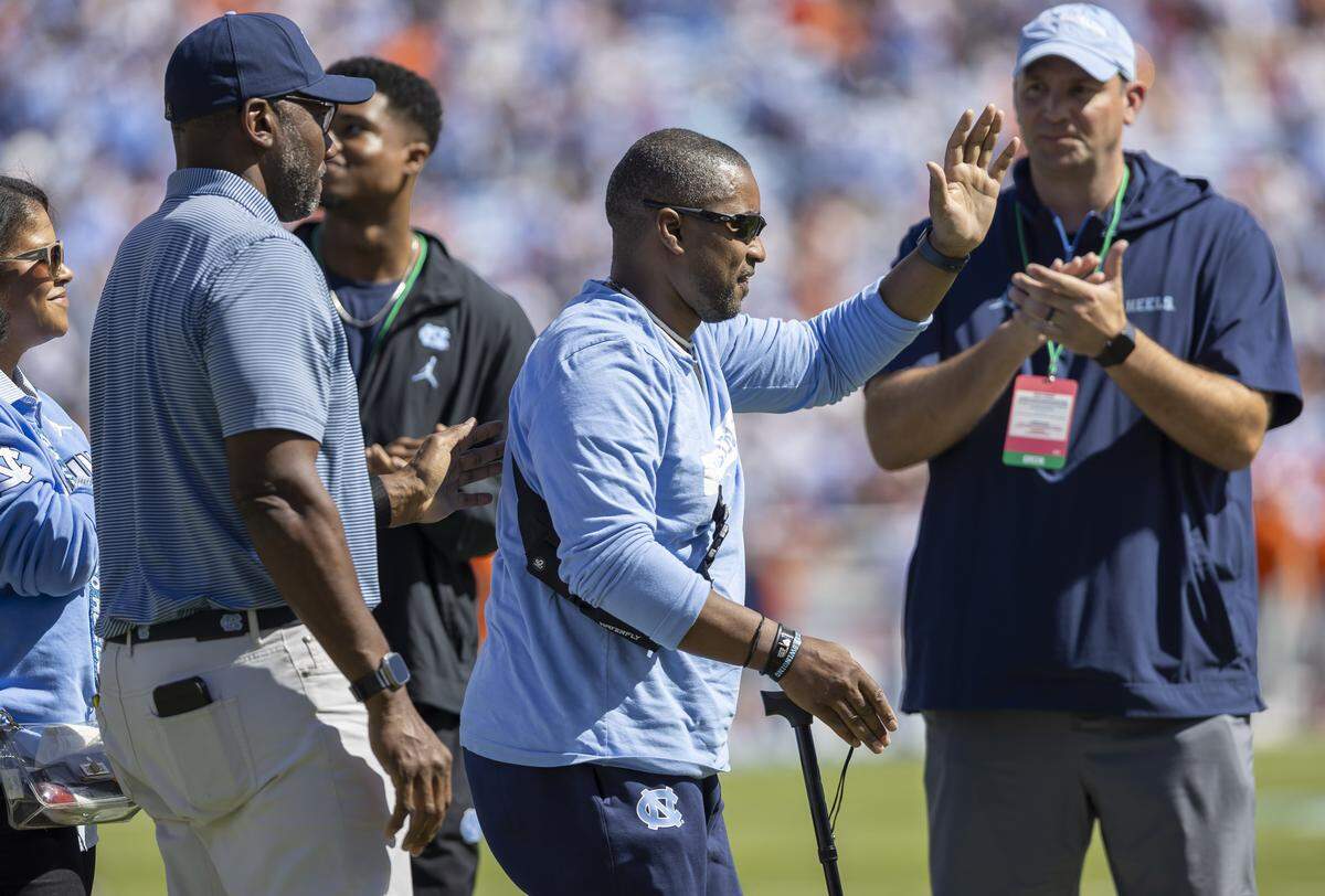 North Carolina football team chaplain Mitch Mason is honored in the first half during the Tar Heels’ game against Clemson on Saturday, October 4, 2025 at Kenan Stadium in Chapel Hill, N.C. 