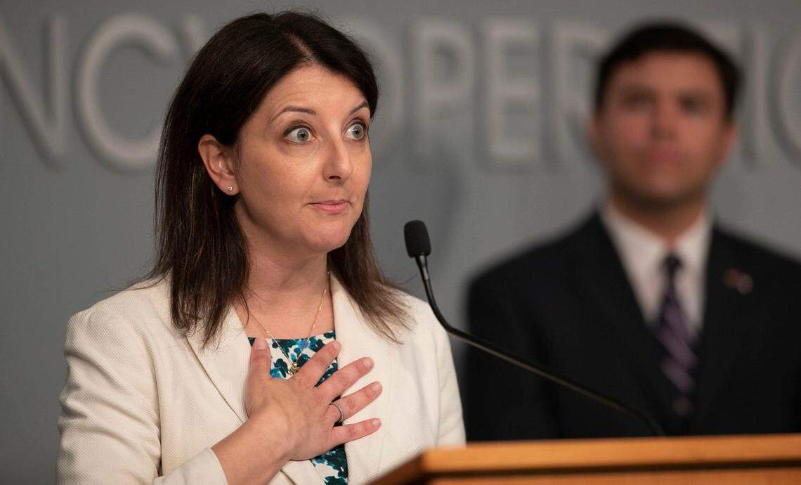Dr. Mandy Cohen, Secretary of the North Carolina Department of Health and Human Services, speaks during a press briefing on the COVID-19 virus at the Emergency Operations Center on Monday, June 8, 2020 in Raleigh, N.C