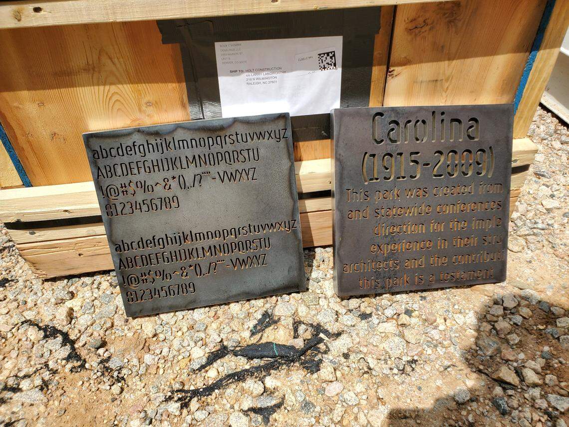 Samples of what lettering could look like at North Carolina Freedom Park, with construction underway in downtown Raleigh in May 2022.