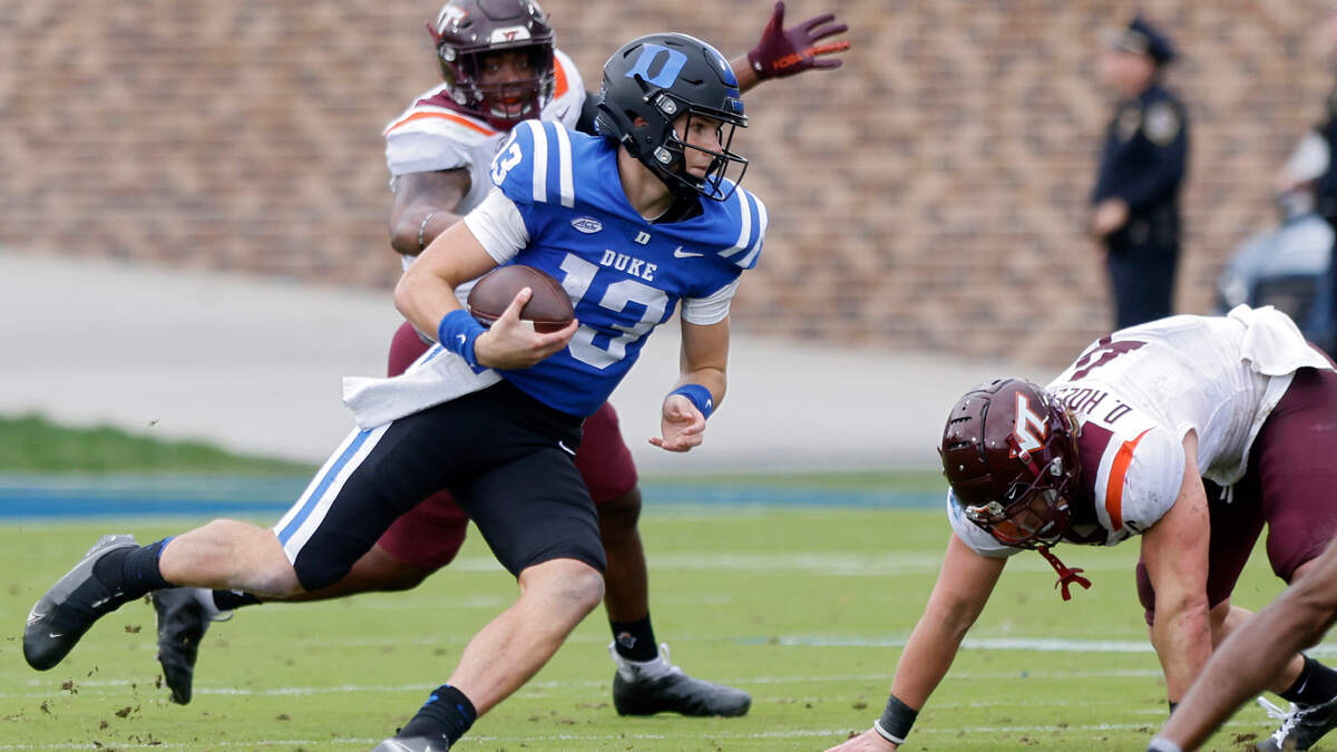 Duke quarterback Riley Leonard runs the ball during the first half of the Blue Devils’ game against Virginia Tech at Wallace Wade Stadium on Saturday, Nov. 12, 2022, in Durham, N.C.