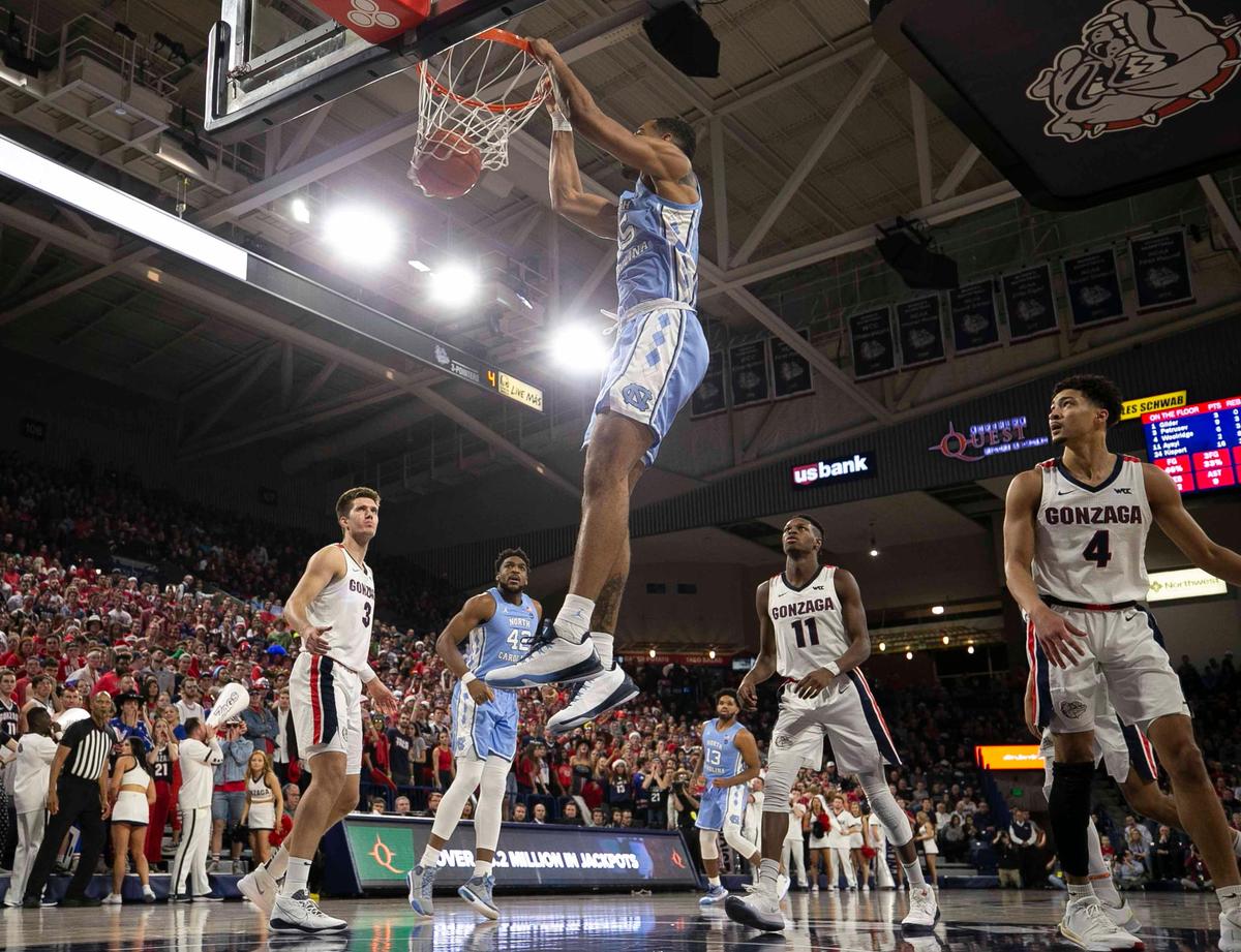 North Carolina’s Garrison Brooks (15) gets a dunk for two of his team high 16 points in the second half against Gonzaga on Wednesday, December 18, 2019 at McCarthey Athletic Center in Spokane, Washington.