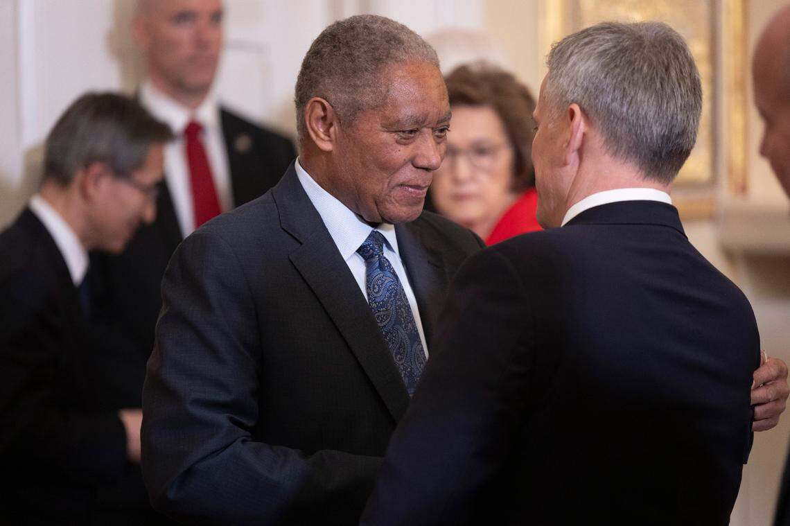 North Carolina Senator Dan Blue talks with Attorney General Josh Stein prior to a luncheon in honor of Japanese Prime Minister Fumio Kishida on Friday, April 12, 2024 at the Executive Mansion in Raleigh, N.C.