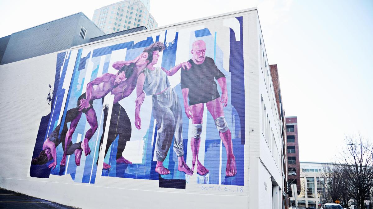 The Google Fiber A.R. mural, “Abstracted Motion,” is located on the Alfred Williams Building in downtown Raleigh.