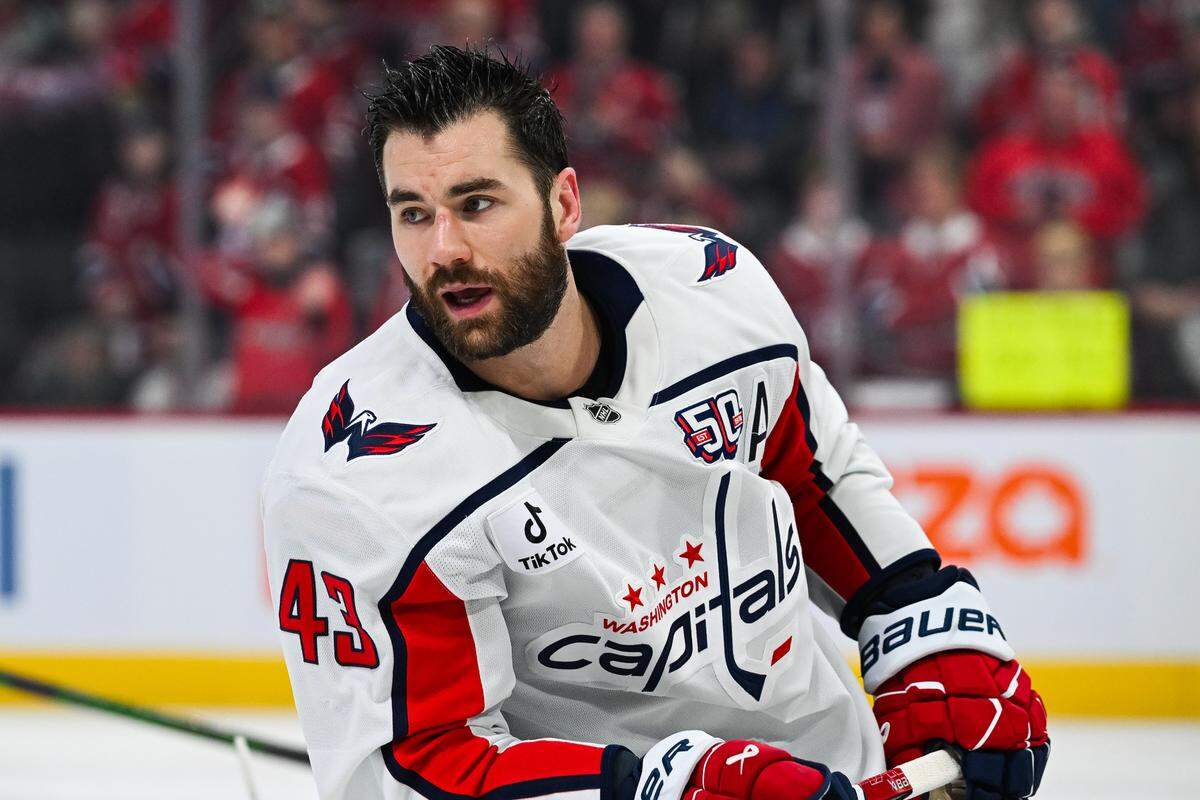 Apr 27, 2025; Montreal, Quebec, CAN; Washington Capitals right wing Tom Wilson (43) during warm-ups before a game against the Montreal Canadiens in game four of the first round of the 2025 Stanley Cup Playoffs at Bell Centre. Mandatory Credit: David Kirouac-Imagn Images