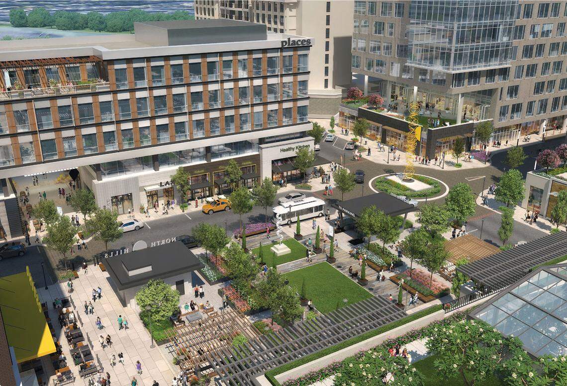 An aerial rendering of the central plaza in the future redevelopment of the North Hills commercial center in Raleigh.
