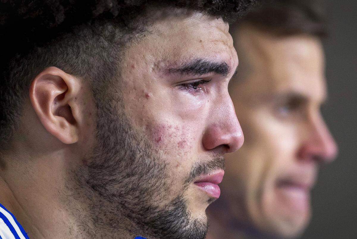 Duke forward Cameron Boozer and coach Jon Scheyer field questions following their 73-72 loss to Connecticut on Sunday, March 29, 2026, in the NCAA East Regional Final, at Capital One Arena in Washington, D.C. The Blue Devils held a 19 point lead in the first half. 