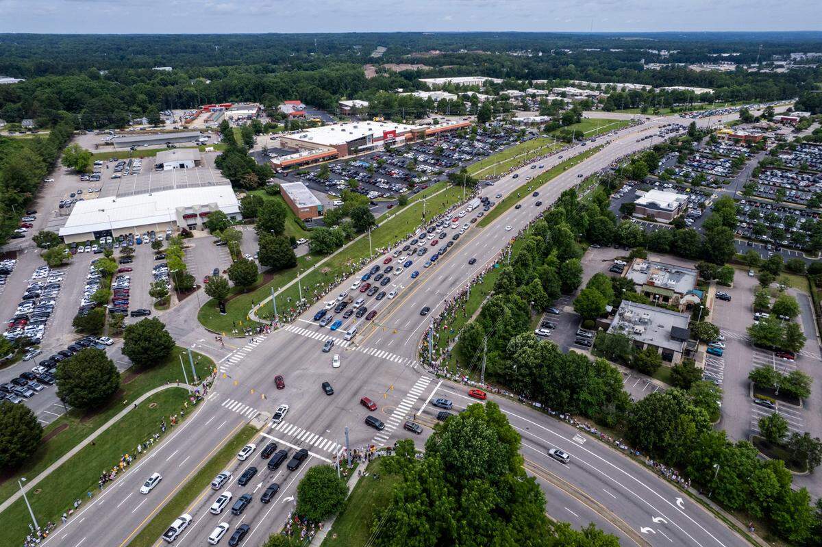 More than 1500 demonstrators lined Capital Boulevard to protest the policies and tactics of the of President Donald Trump on Saturday, June 14, 2025 near Triangle Town Center in Raleigh. The Raleigh “No Kings” rally was one of dozens across North Carolina and hundreds nationwide on what organizers called a nationwide day of defiance against the Trump administration.