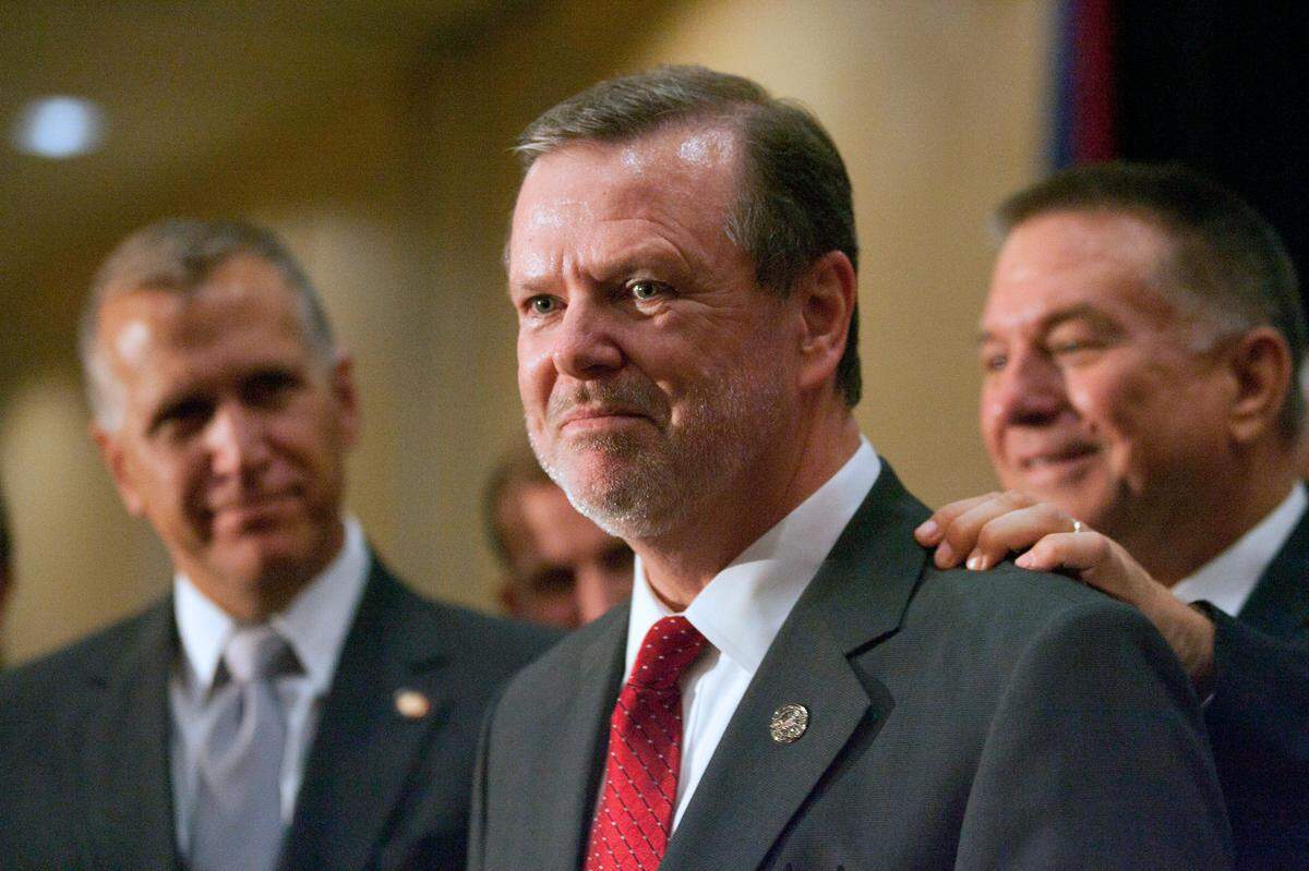 Sen. Phil Berger (center) with fellow Republicans Thom Tillis (left) and Skip Stam (right) in 2010.
