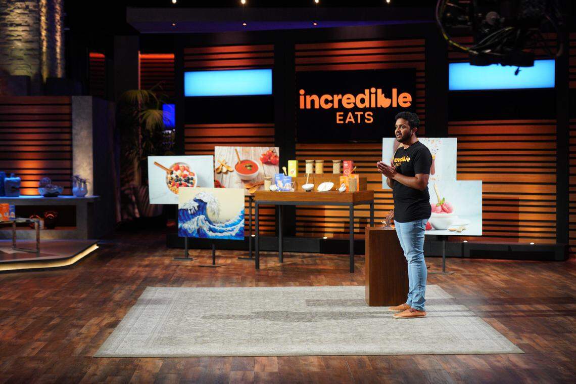Diniesh Tadepalli pitches his company, Incredible Eats, to the investors of “Shark Tank.”