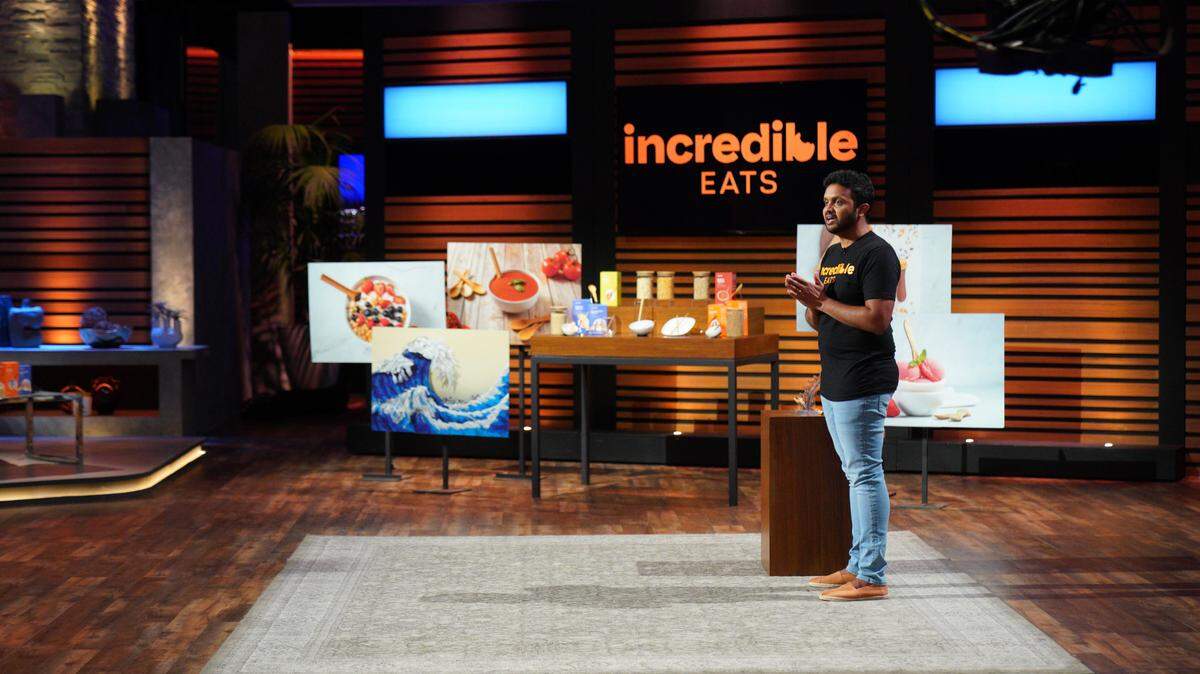 Diniesh Tadepalli pitches his company, Incredible Eats, to the investors of “Shark Tank.”