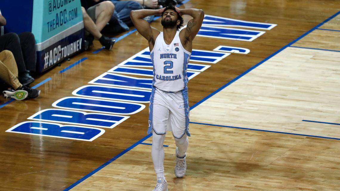 UNC’s Joel Berry II (2) reacts after his shot did not fall during the second half of Duke’s 93-83 victory over North Carolina in the semifinals of the New York Life ACC Tournament at the Barclays Center in Brooklyn, N.Y., Friday, March 10, 2017.