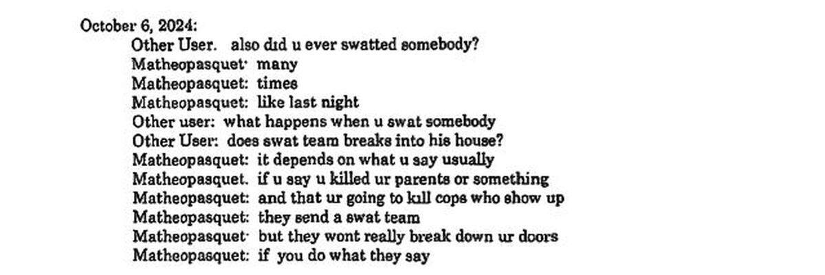 A screen shot of a Raleigh police search warrant sharing some of the conversations detectives found when investigation swatting incidents at a local student’s home and school.