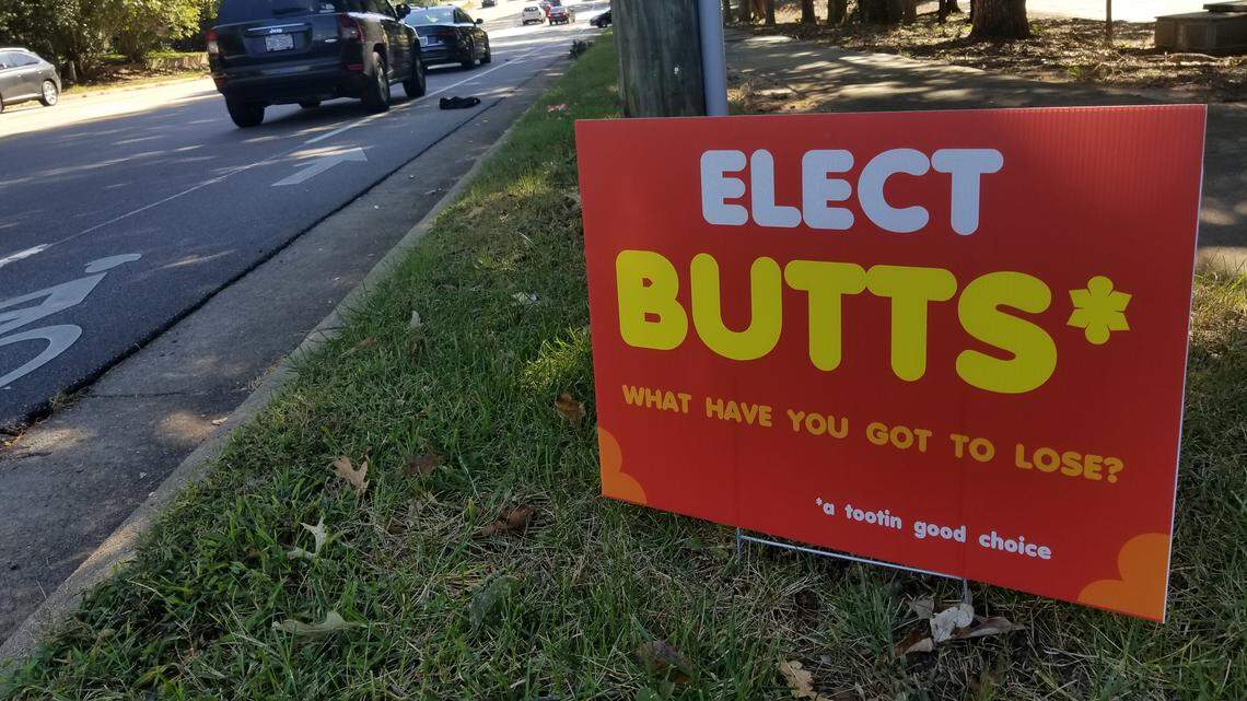 “Elect Butts” campaign signs have appeared in Wake County including this one at the intersection of Lynn Road and Six Forks Road in Raleigh.