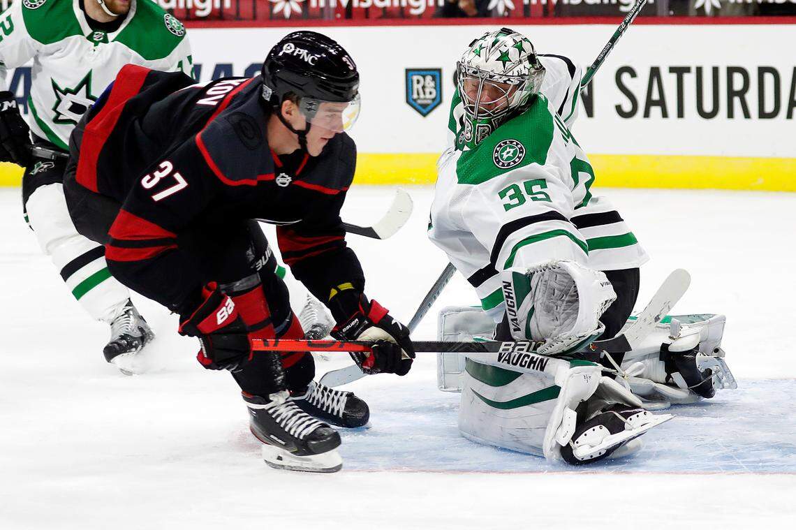 Carolina Hurricanes’ Andrei Svechnikov (37) shoots the puck past Dallas Stars goaltender Anton Khudobin (35) for a goal during the second period of an NHL hockey game in Raleigh, N.C., Saturday, Jan. 30, 2021. (AP Photo/Karl B DeBlaker)