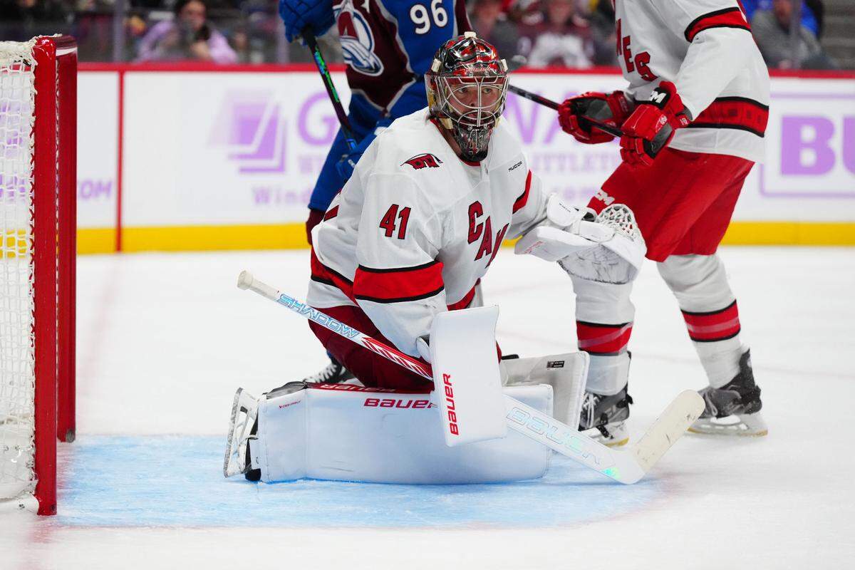 Carolina Hurricanes goaltender Spencer Martin (41) defends the net in the second quarter against the Colorado Avalanche at Ball Arena.