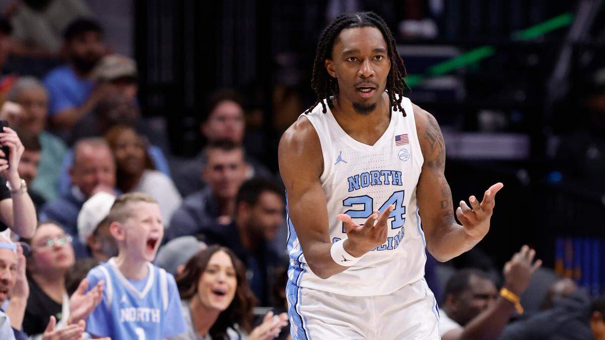 North Carolina’s Jae’Lyn Withers (24) celebrates making a three-pointer during the second half of UNC’s 76-56 victory over Notre Dame in the second round of the 2025 ACC Men’s Basketball Tournament at the Spectrum Center in Charlotte, N.C., Wednesday, March 12, 2025.