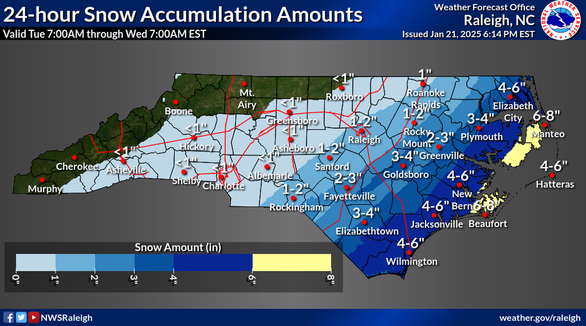 Some areas of the North Carolina coast could see up to 8 inches of snow from a storm moving through the state Tuesday night, Jan. 21.