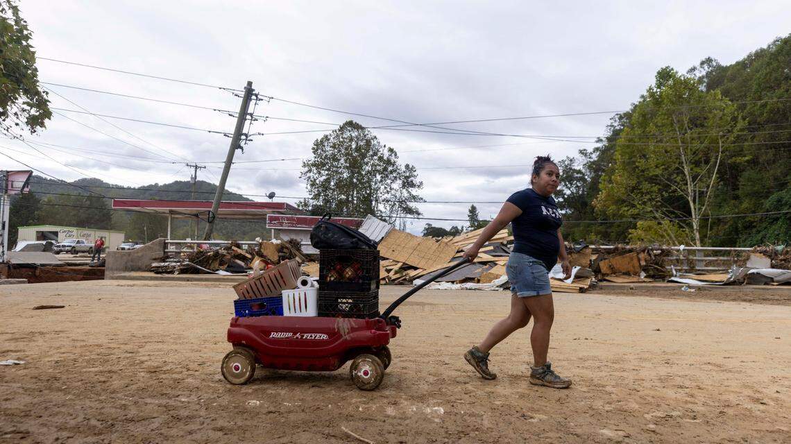 Little relief has come to flood survivors in Swannanoa on Sunday, Sept. 29, 2024. The remnants of Hurricane Helene caused widespread flooding, downed trees, and power outages in western North Carolina.