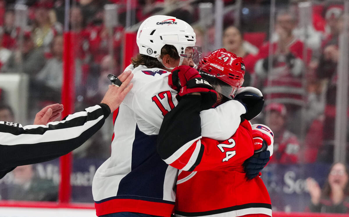 Carolina Hurricanes center Seth Jarvis (24) and Washington Capitals center Dylan Strome (17) battle during the third period at Lenovo Center.