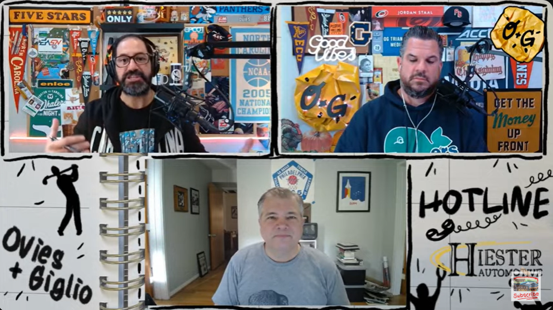 Luke DeCock of The News & Observer joins Joe Ovies (top left) and Joe Giglio (top right) on the Ovies + Giglio podcast.