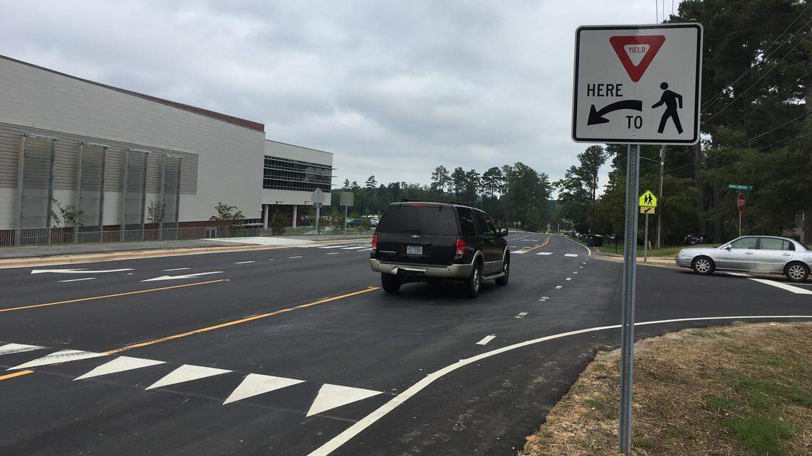The Town of Apex will soon install new crosswalk signs with button-activated flashing lights at this crossing in front of Apex High School on Laura Duncan Road. A student was hit in the crosswalk and injured while crossing the street on Aug. 27.