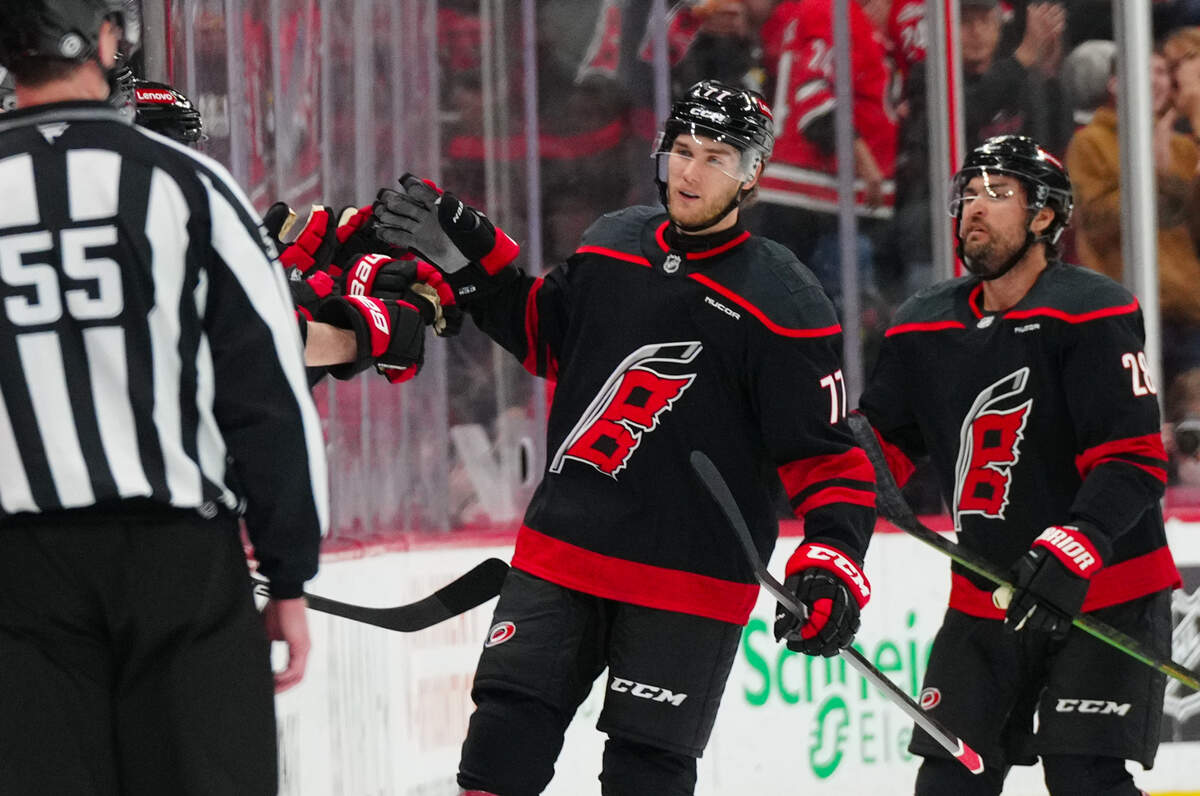 Carolina Hurricanes center Mark Jankowski (77) celebrates his goal against the New York Rangers during the second period at Lenovo Center.