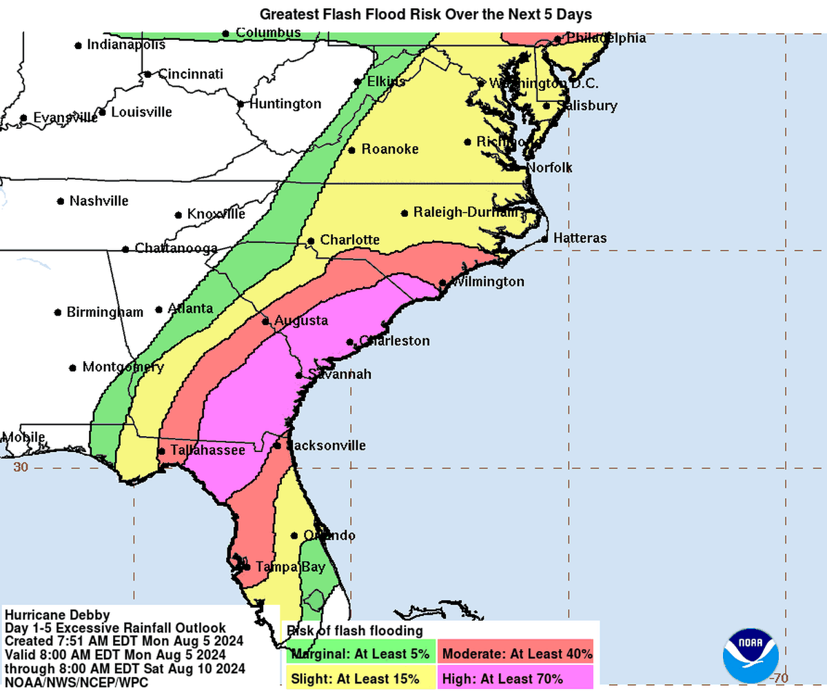 Flash flooding is possible in all but extreme western North Carolina this week as what becomes Tropical Storm Debby moves slowly over the Southeast. Raleigh is at “slight” risk for flooding, with 6 to 8 inches of rain possible through Saturday.
