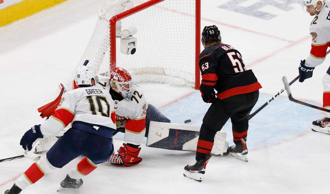 Carolina’s Jackson Blake (53) scores past the Panthers’ Sergei Bobrovsky (72) during the third period of the Florida Panthers’ 5-2 victory over the Carolina Hurricanes in Game 1 of the Eastern Conference Finals at the Lenovo Center in Raleigh, N.C., Tuesday, May 20, 2025.