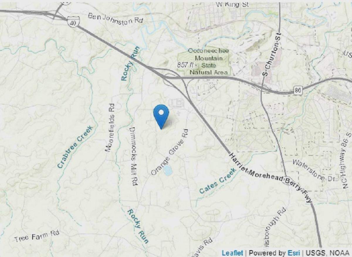A U.S. Geological Survey map shows the earthquake that hit Thursday in Hillsborough was located just south of Cedar Ridge High School, between Orange Grove Road and Dimmocks Mill Road.