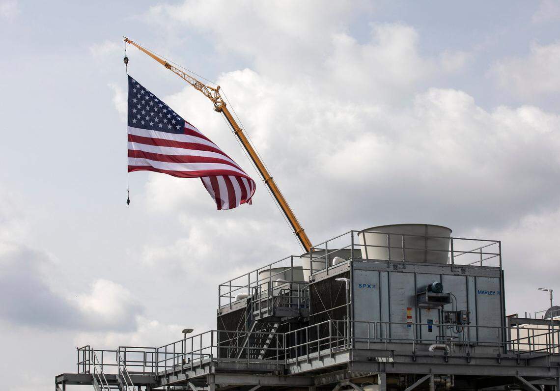An American flag flies above Wolfspeed prior to a visit by President Joe Biden on March 28, 2023, in Durham.