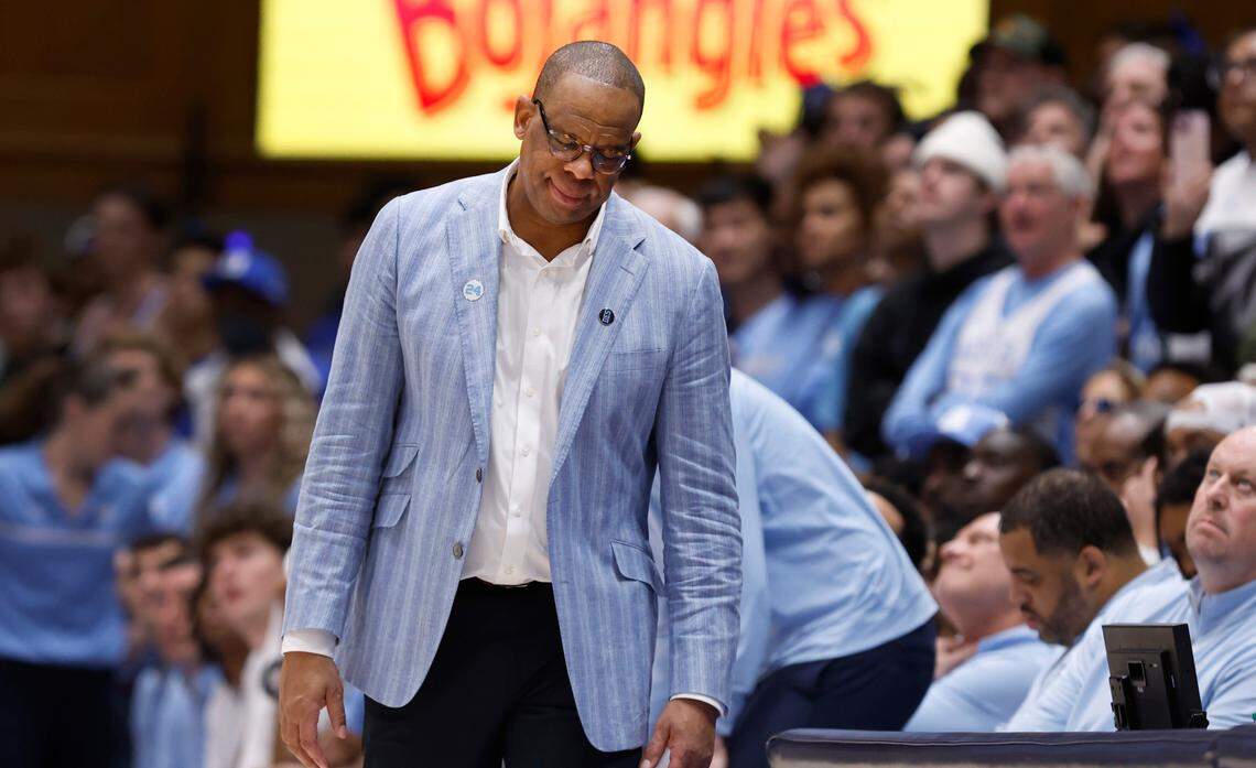 North Carolina head coach Hubert Davis reacts during the second half of Duke’s 87-70 victory over UNC at Cameron Indoor Stadium in Durham, N.C., Saturday, Feb. 1, 2025.