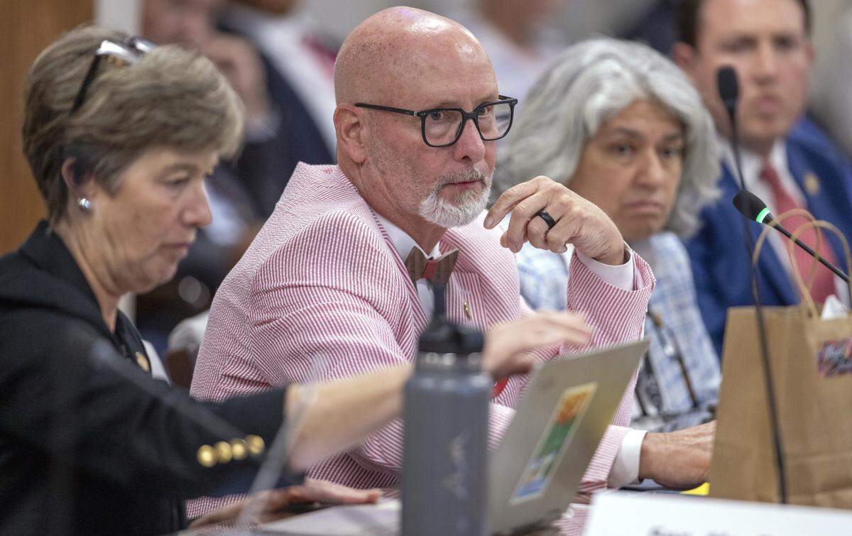 Sen. Bobby Hanig listens to debate on an amendment to HB 442 to prohibit shrimp trawling in all inshore fishing waters and within one-half mile of the shoreline, during the Senate Agriculture, Energy and Environment committee meeting on Tuesday, June 17, 2025 at the North Carolina General Assembly in Raleigh, N.C. 