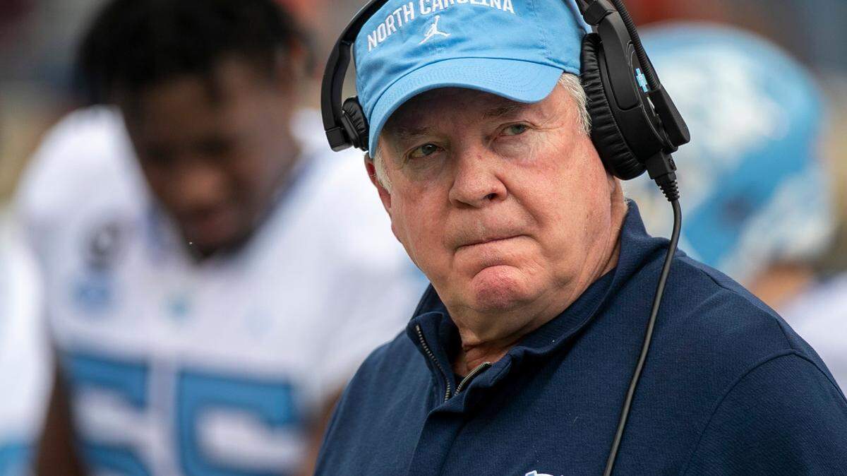 North Carolina coach Mack Brown watches his team as they prepare for kickoff against Virginia on Saturday, November 5, 2022 at Scott Stadium in Charlottesville, Va.