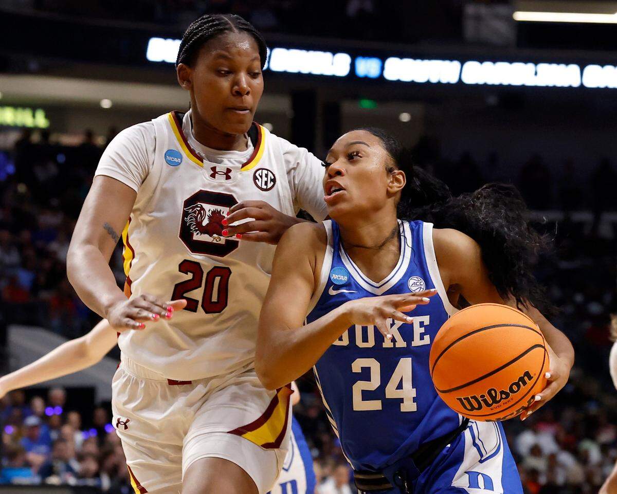 Duke’s Reigan Richardson drives past South Carolina’s Sania Feagin during the first half of the Blue Devils’ NCAA Tournament Elite Eight matchup at Legacy Arena on Sunday, March 30, 2025, in Birmingham, Ala.