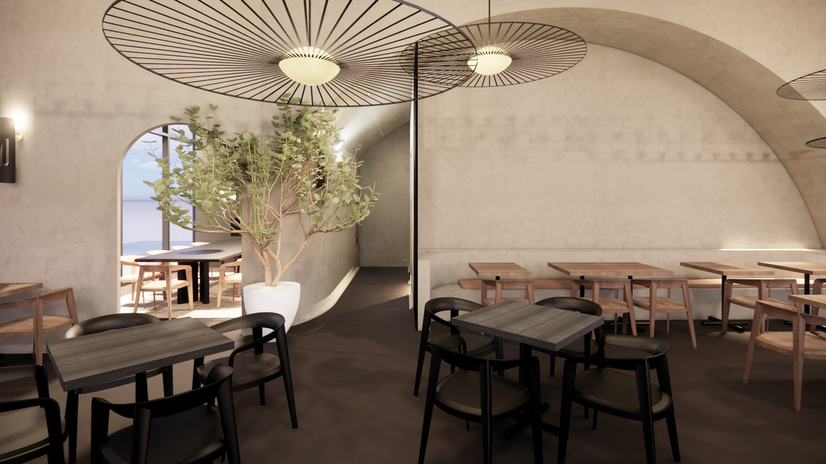 Much of the interior of the new Peregrine restaurant in Raleigh will have curved arches and walls, blending wood and plaster.
