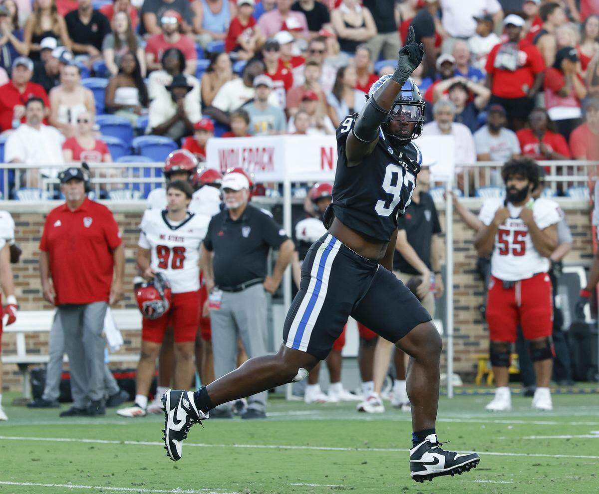 Duke defensive end Wesley Williams celebrates after blocking an N.C. State field goal attempt during the second half of the Blue Devils’ 45-33 win on Saturday, Sept. 20, 2025, at Wallace Wade Stadium in Durham, N.C.