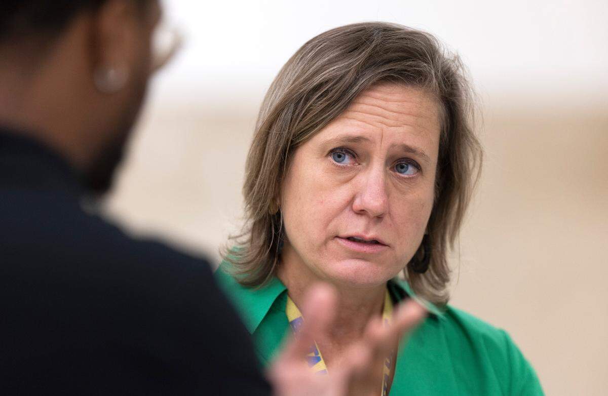 Wake County District Attorney Lorrin Freeman in administrative traffic court in the Wake County Justice Center in Raleigh in September 2023. 
