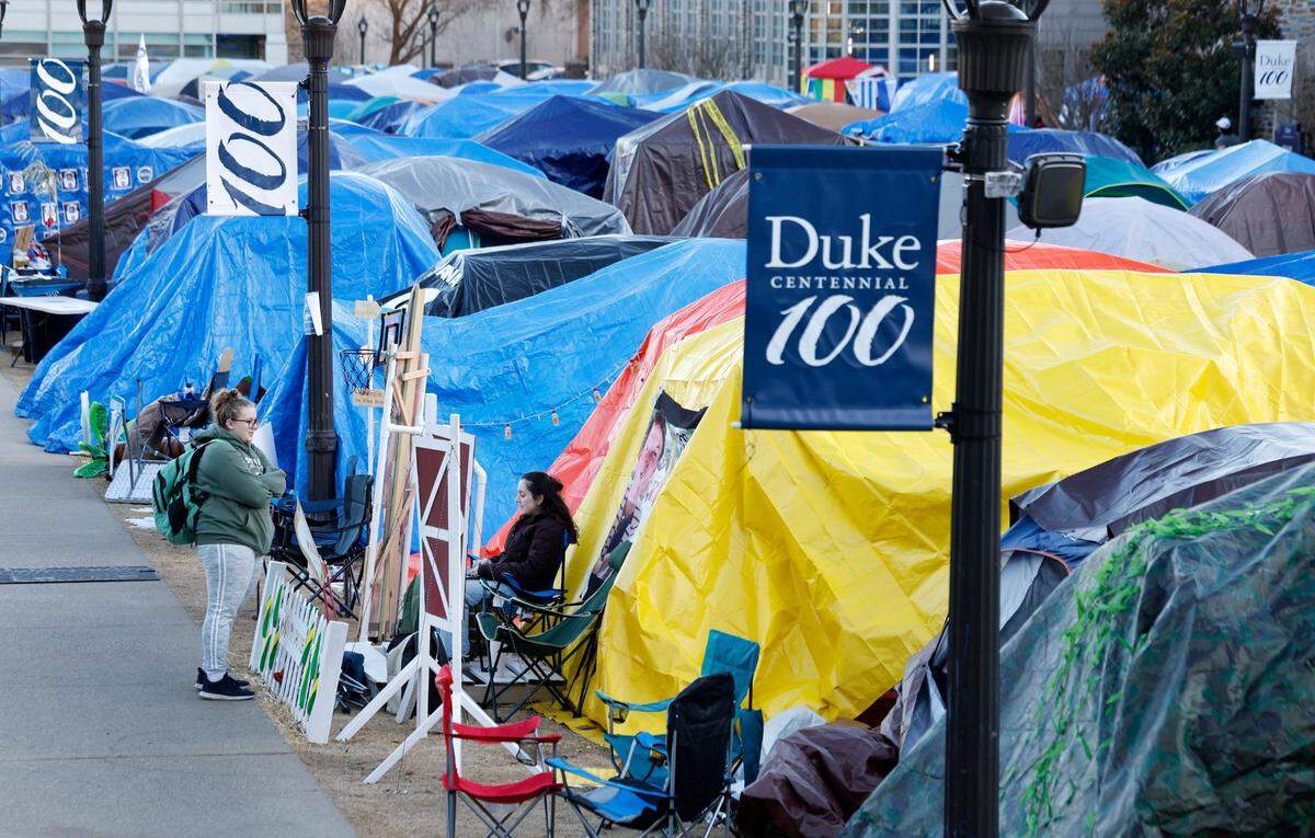 One hundred thirty tents are set up in Krzyzewskiville at Duke University in Durham, N.C., as seen on Tuesday, Jan. 28, 2025. The is the 39th year of tenting for students who want to attend the game against UNC. Each ten has 12 students. It is the only way undergraduates can go to the game.