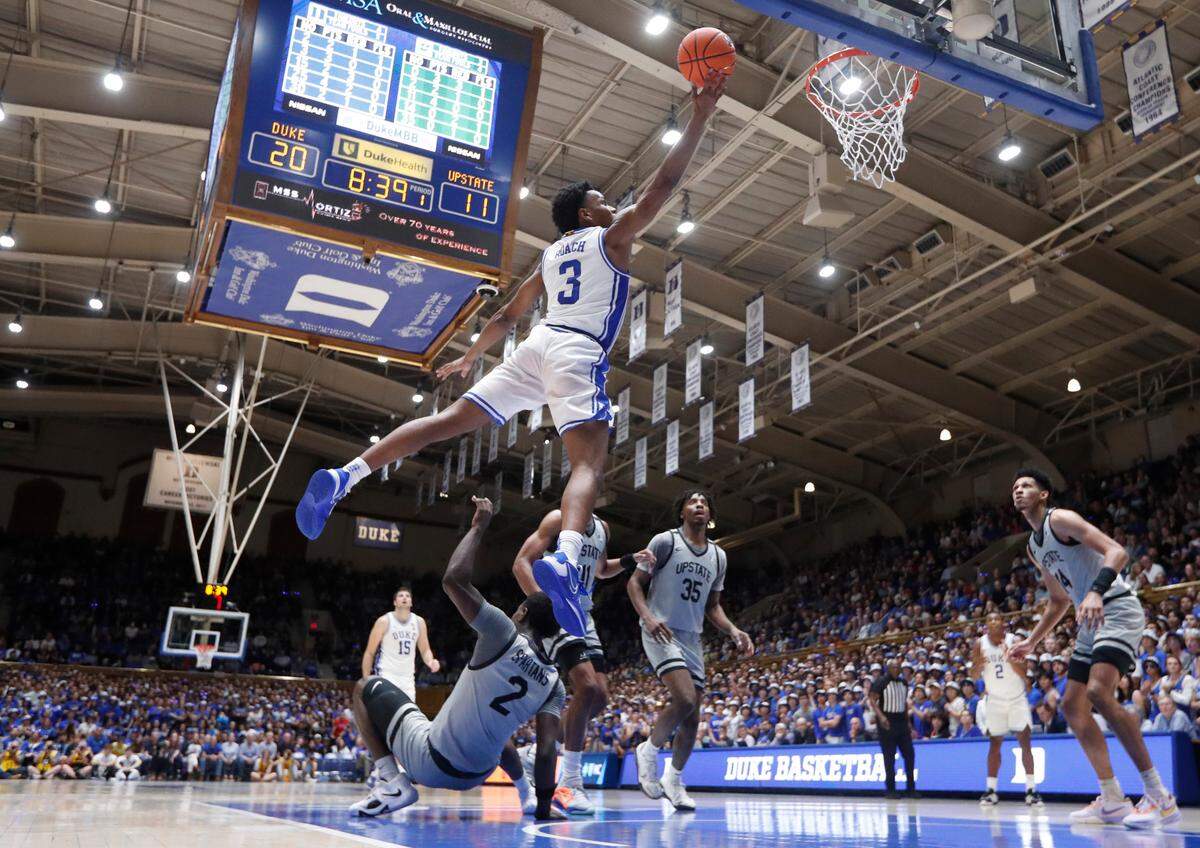 Duke’s Jeremy Roach (3) drives in for two points during Duke’s 84-38 victory over USC Upstate at Cameron Indoor Stadium in Durham, N.C., Friday, Nov. 11, 2022.