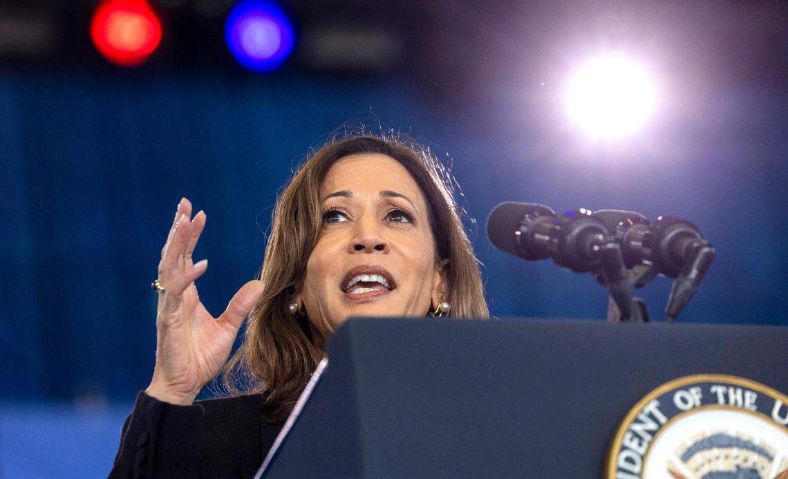 Vice President Kamala Harris speaks during a rally at Coastal Credit Union Music Park at Walnut Creek in Raleigh on Wednesday, Oct. 30, 2024.