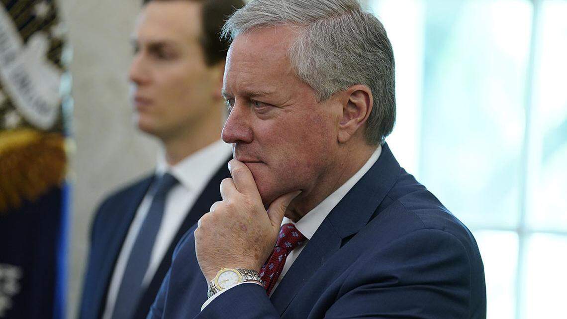 White House chief of staff Mark Meadows listens during a meeting about the coronavirus in the White House on April 29 as senior adviser Jared Kushner looks on. | Evan Vucci/AP Photo