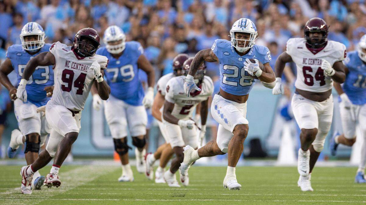 North Carolina running back Omarion Hampton (28) breaks open for a 53-yard gain in the second quarter against North Carolina Central on Saturday, September 14, 2024 at Kenan Stadium in Chapel Hill, N.C.