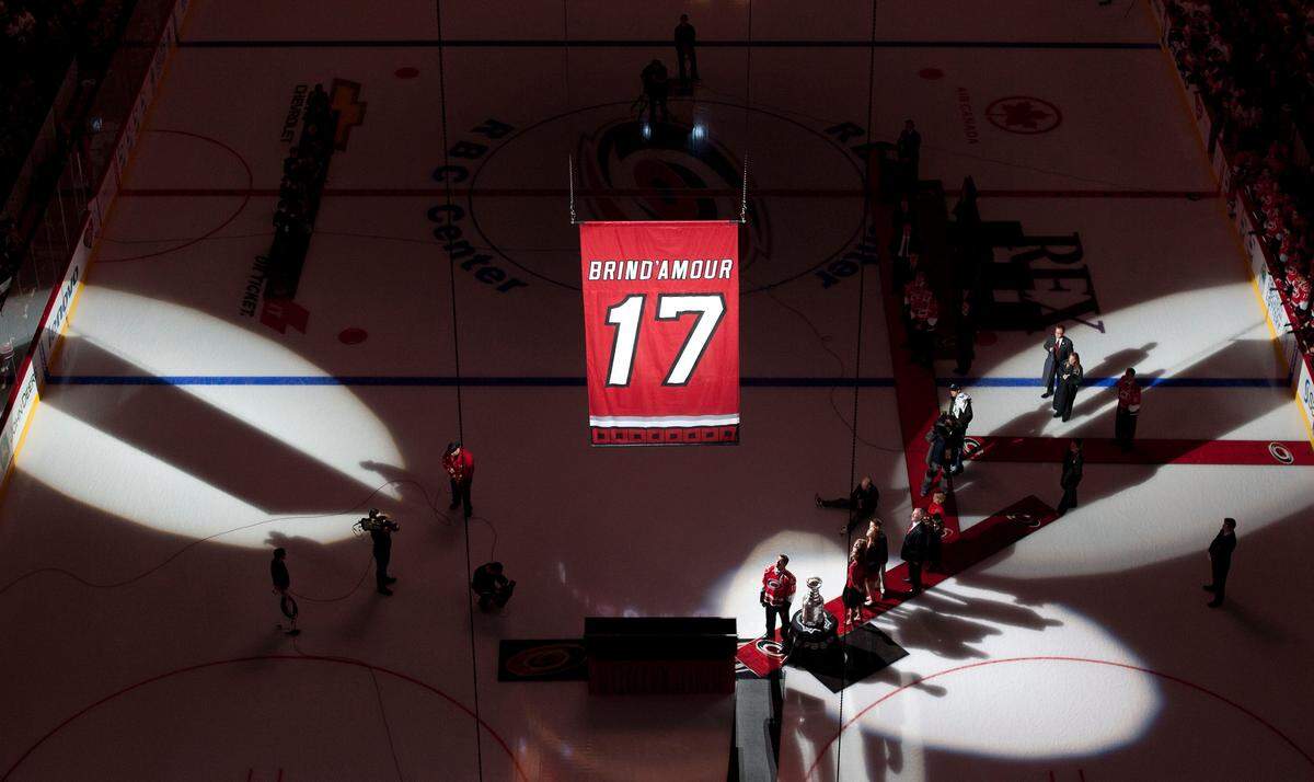 The Carolina Hurricanes retire the No. 17 sweater of Rod Brind’Amour during ceremonies on Friday February 18, 2011 at the RBC Center in Raleigh, N.C.