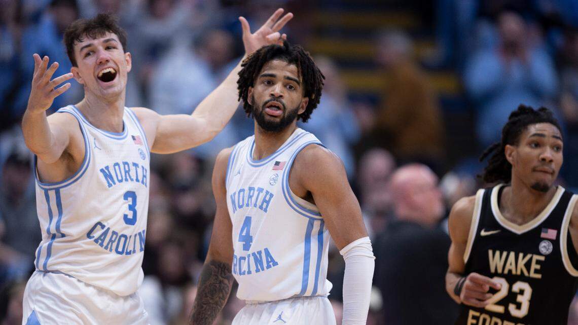 North Carolina’s Cormac Ryan (3) reacts after three-point basket by R.J. Davis to give the Tar Heels a commanding 85-61 lead over Wake Forest in the final minute of play on Monday, January 22, 2024 at the Smith Center in Chapel Hill, N.C. Davis led all scores with 36 points in their 85-64 victory.