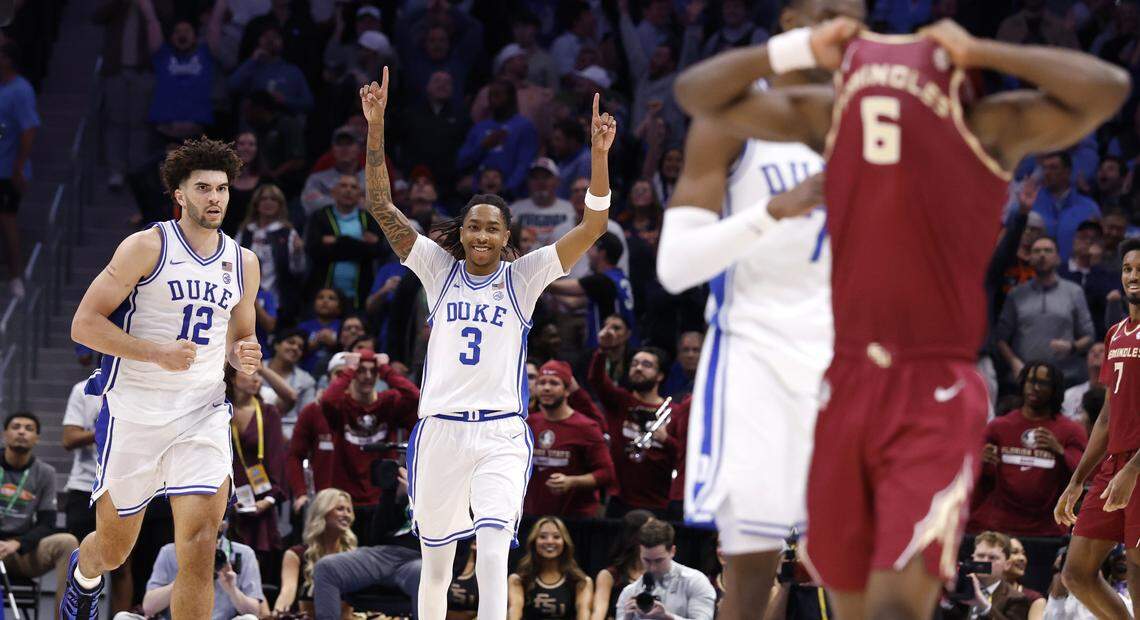 Duke’s Isaiah Evans (3) celebrates as time runs out in Duke’s 80-79 victory over Florida State in the quarterfinals of the 2026 ACC Men’s Basketball Tournament at the Spectrum Center in Charlotte, N.C., Thursday, March 12, 2026.