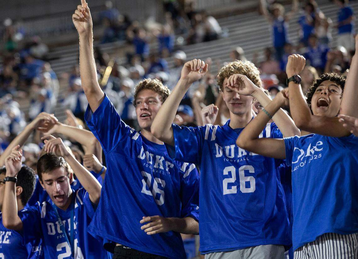 Fans in the student section cheer prior to the fourth quarter of Dukes game against North Carolina A&T at Wallace Wade Stadium in Durham, N.C. on Saturday, Sept. 17, 2022.