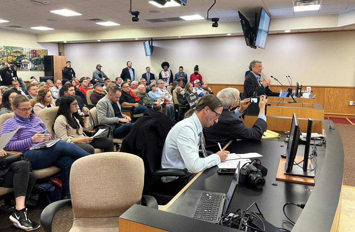 Stan Beard, director of real estate for Buc-ee’s, speaks to the Mebane City Council on Jan. 8, 2024, as they consider a plan to build a Buc-ee’s gas station and travel plaza in the town. If approved, if would be the first Buc-ee’s in North Carolina.