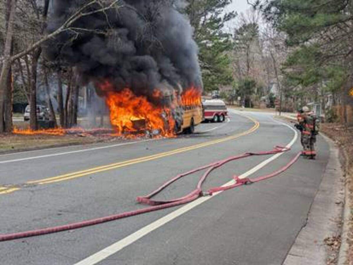 The Durham Fire Department responded to a school-bus fire at 2 pm Friday near the intersection of American Drive and White Pine Drive.